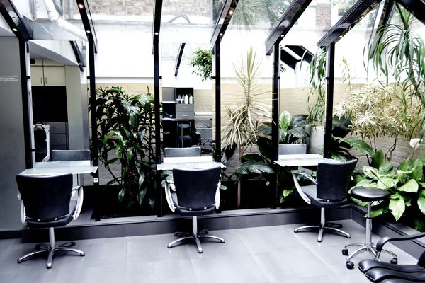 Espace de coiffage sous verrière, entouré de plantes, au salon d’Ixelles